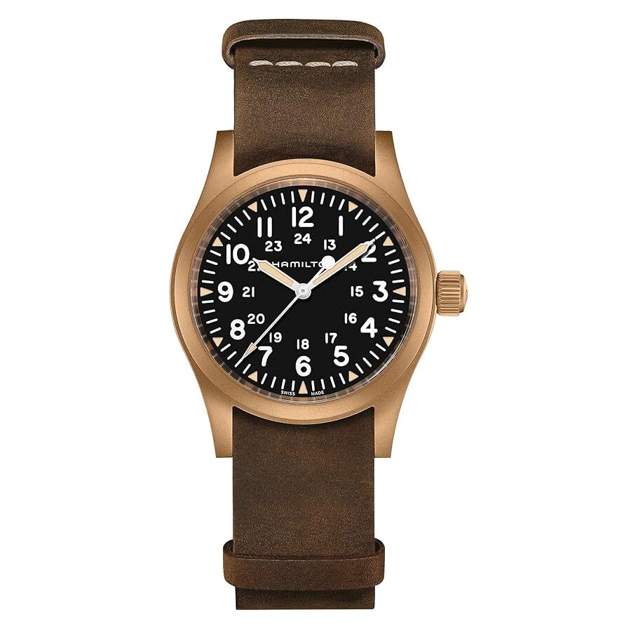 Classic wristwatch with a bronze case and brown leather strap.
