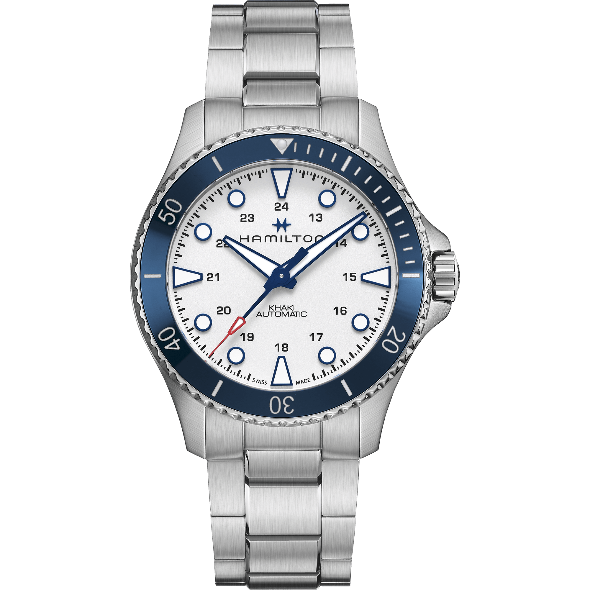 Silver dive watch with white dial and blue bezel.