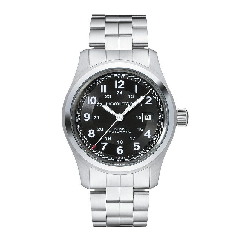 Silver wristwatch with black dial and metallic band.