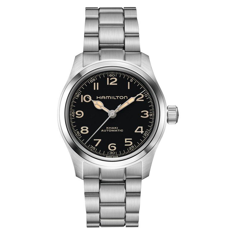 Silver wristwatch with black dial and Arabic numerals.