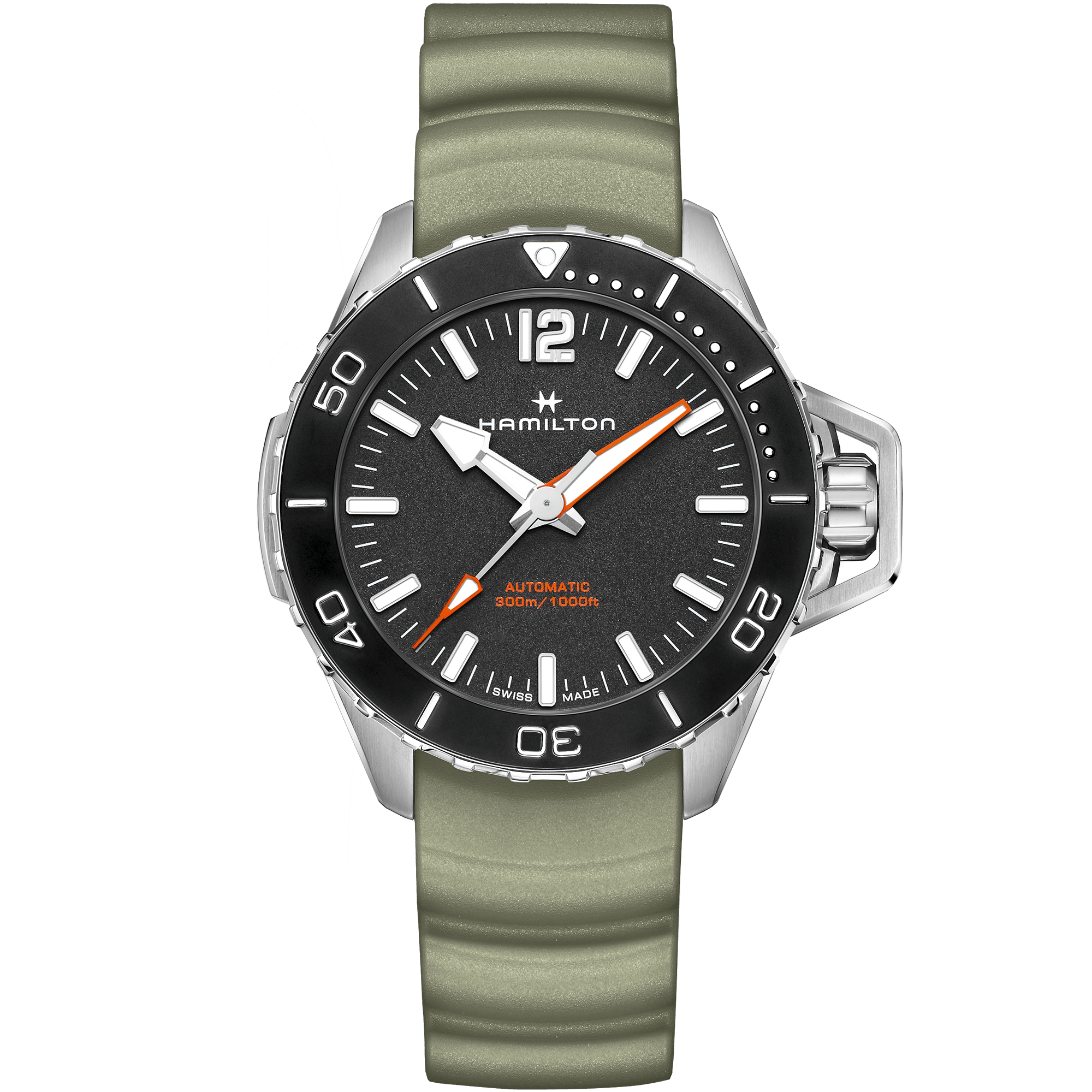 A stylish wristwatch with a green strap and black dial.