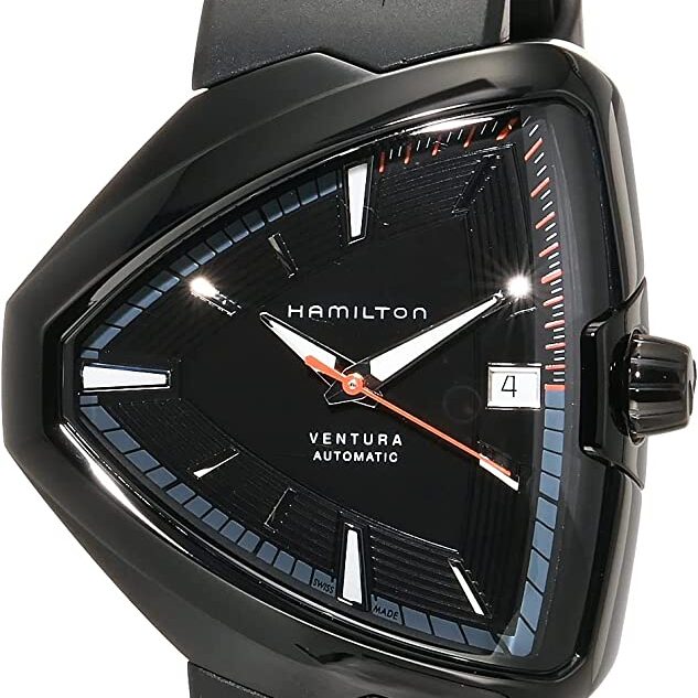 Close-up of a Hamilton Ventura automatic watch with a black triangular face.