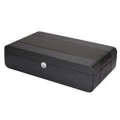 Black rectangular cash register drawer with a lock.