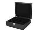 Black cash box with open lid and compartments inside.