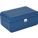A small blue jewelry or storage box with a silver clasp.