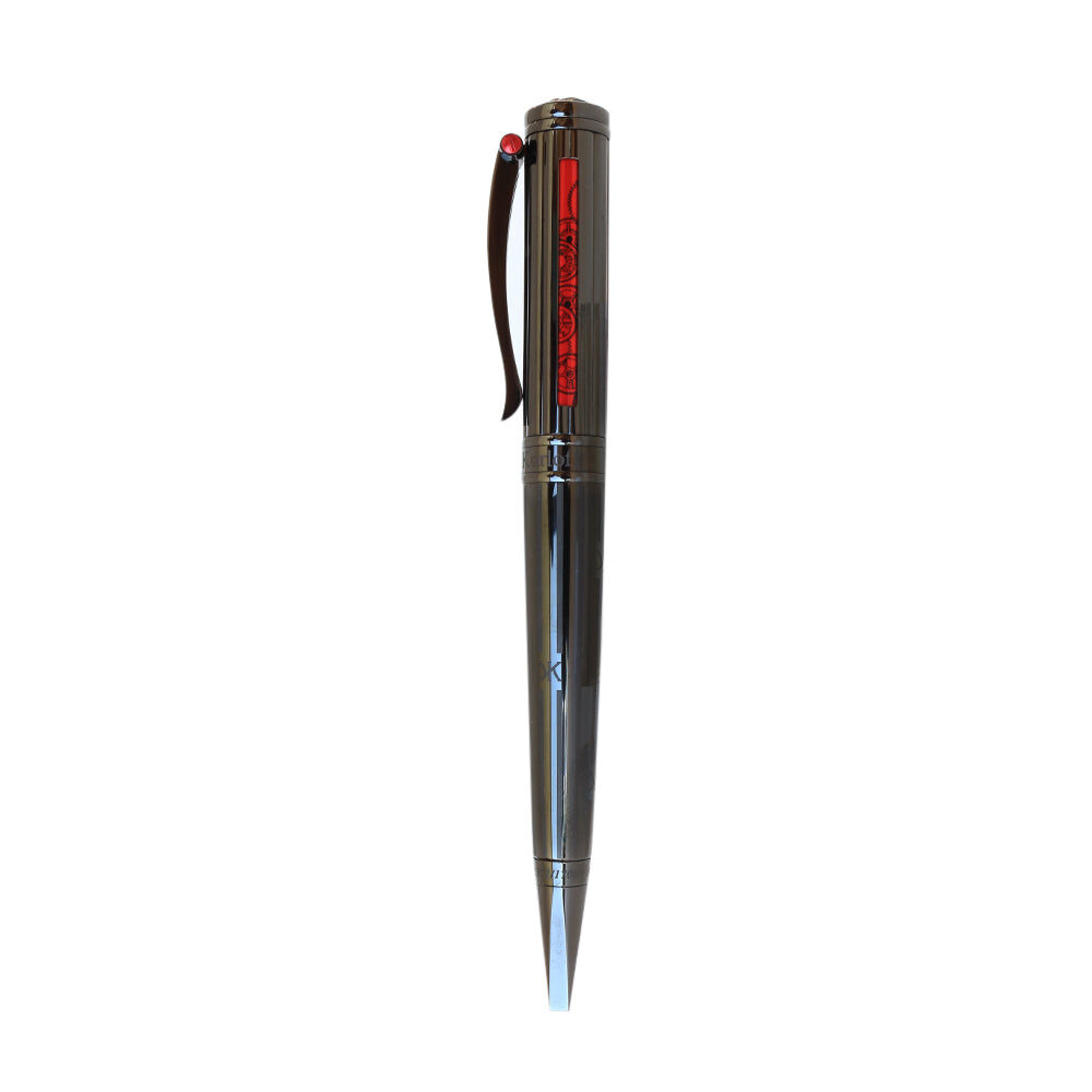 Sleek black pen with a red clip on a white background.