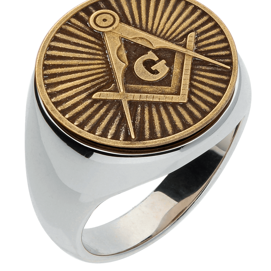 Silver ring with a wooden top featuring a Masonic symbol.
