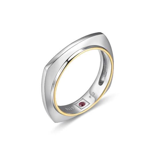 A sleek silver and gold square-shaped ring with a small purple gemstone.