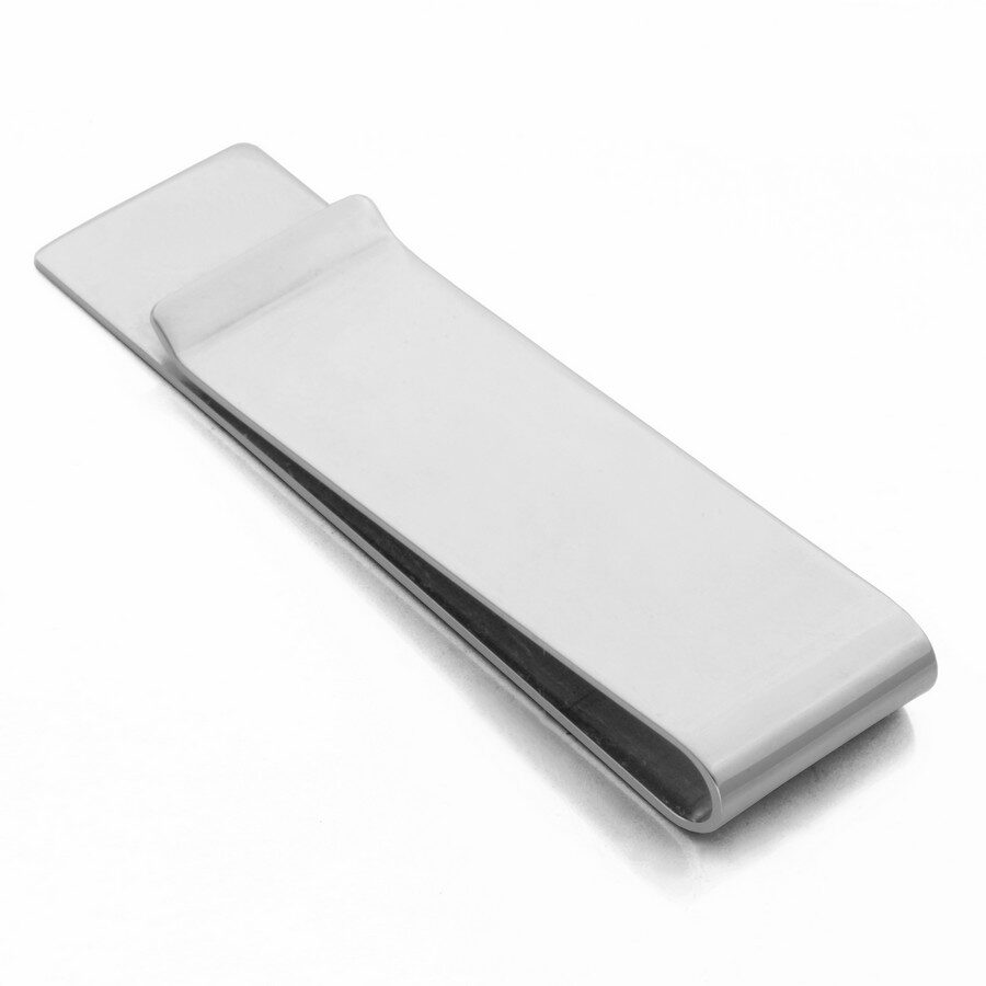A sleek, silver money clip on a white background.