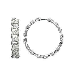 Elegant silver twisted hoop earrings with a braided design.