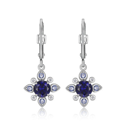 Elegant silver earrings with dark blue stones and clear crystals.