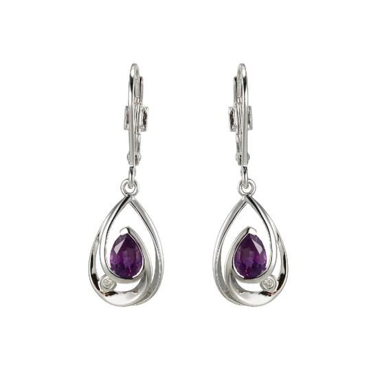 Elegant silver earrings with teardrop-shaped amethyst stones.
