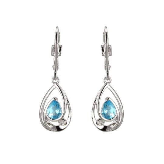 Elegant silver earrings with blue teardrop gemstones.