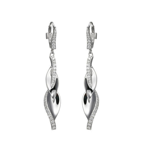 Elegant silver drop earrings with a twisted design and embedded stones.