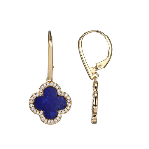 Gold earrings with blue clover-shaped stones and small diamonds.