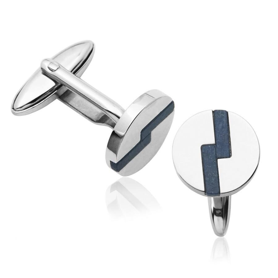 Silver cufflinks with a black zigzag design.