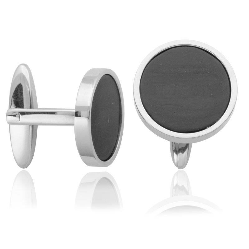 Elegant round cufflinks with a black center and silver edges.