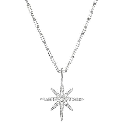 Elegant silver starburst pendant necklace with a delicate chain.