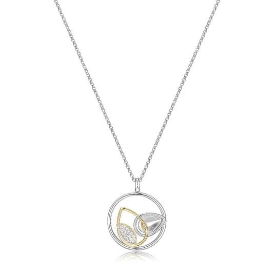 Elegant silver necklace with a circular pendant featuring a delicate leaf design.