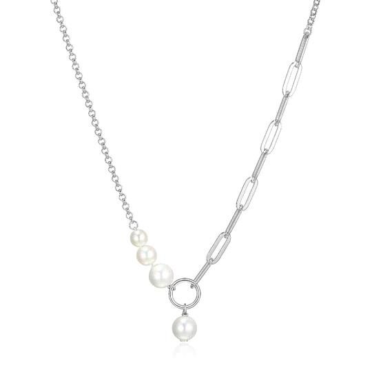 Elegant silver necklace with asymmetrical chain and pearl accents.