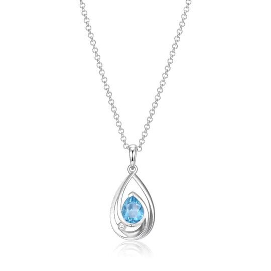 Elegant teardrop necklace with a blue gemstone centerpiece.