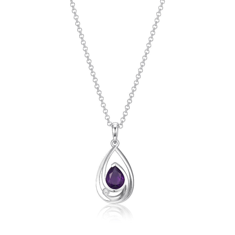 Elegant silver necklace with a teardrop amethyst pendant.