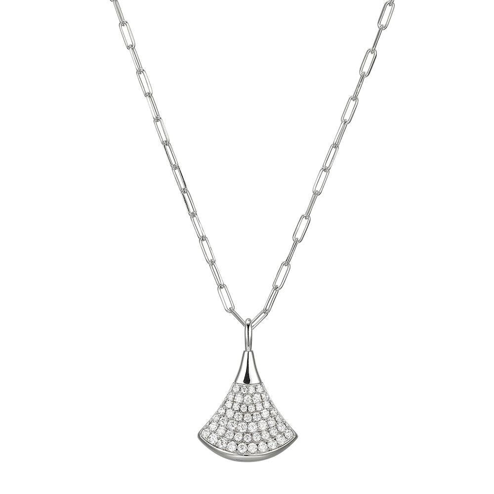 Elegant silver fan-shaped pendant necklace with embedded crystals.