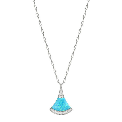 Silver necklace with a turquoise fan-shaped pendant.