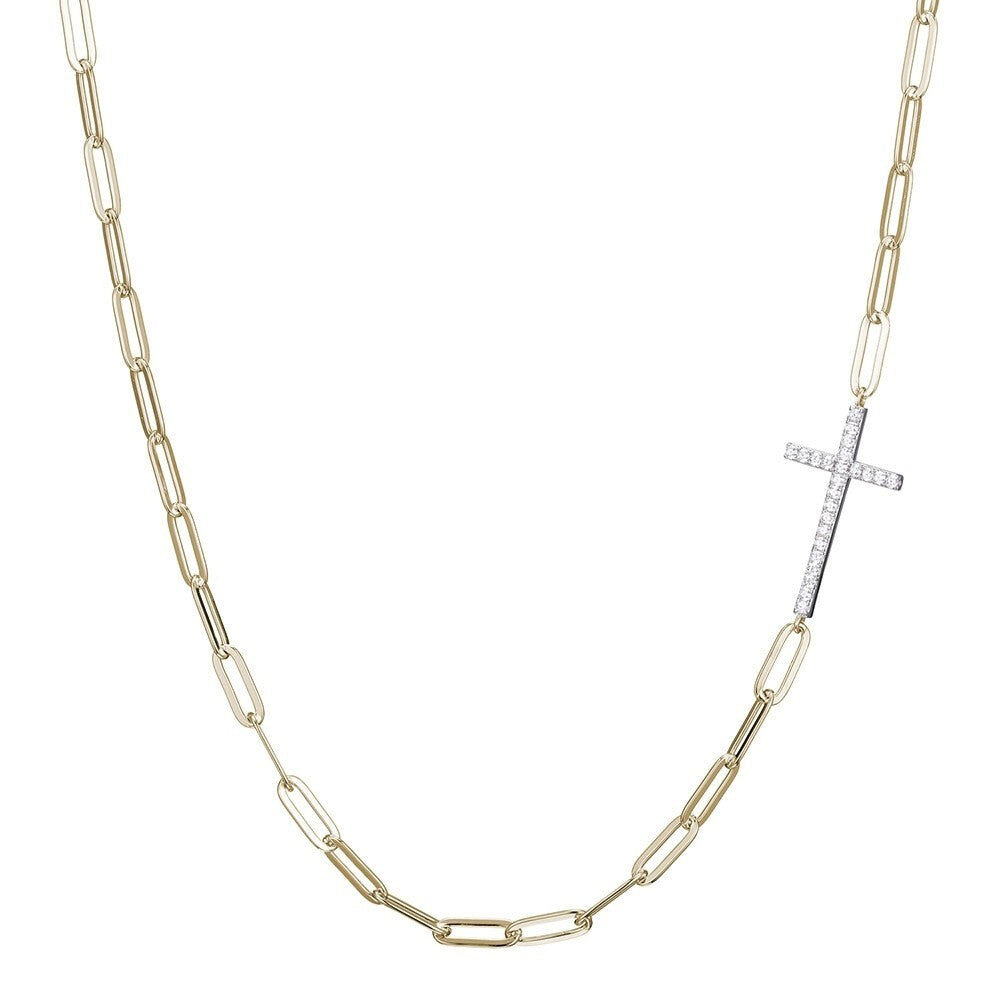 Gold chain necklace with a small cross pendant.