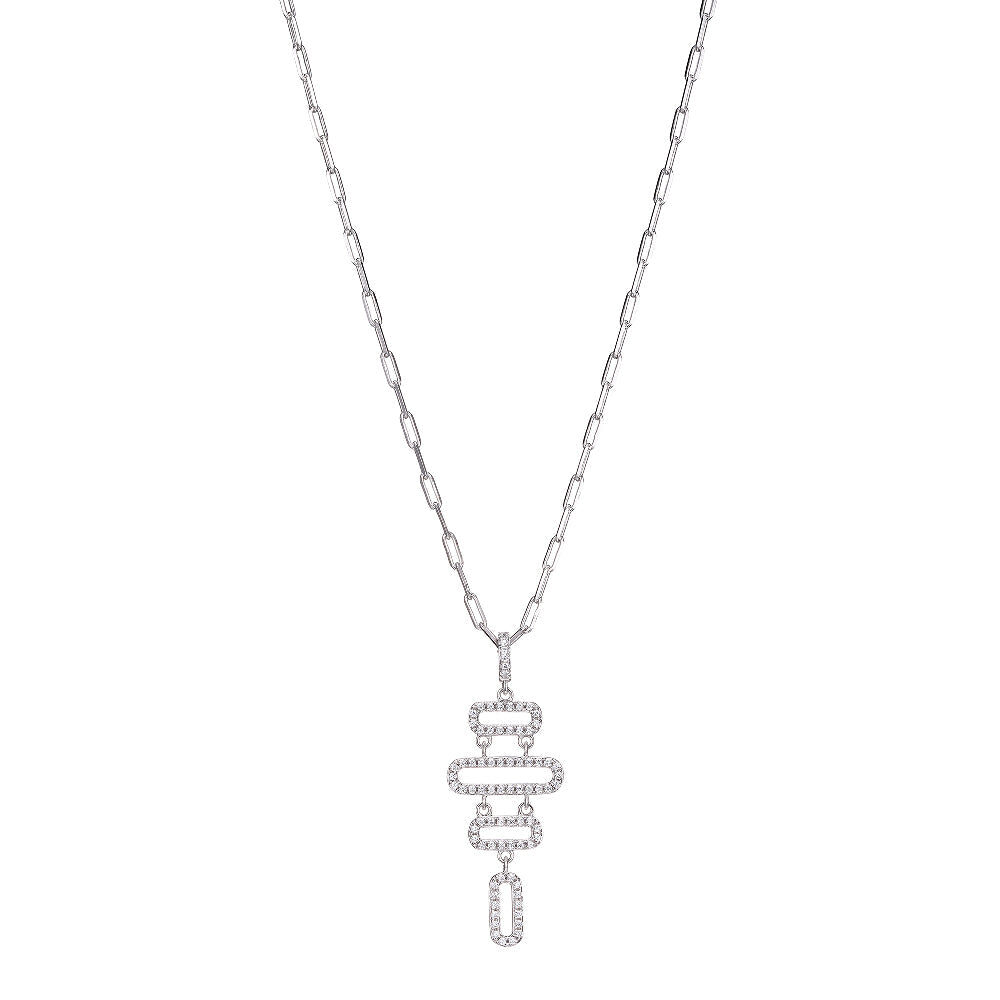 Elegant silver necklace with geometric pendant design.