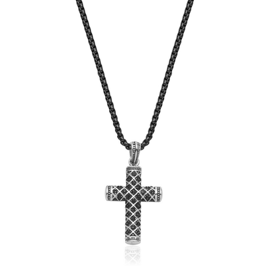 Silver cross pendant necklace with black chain.