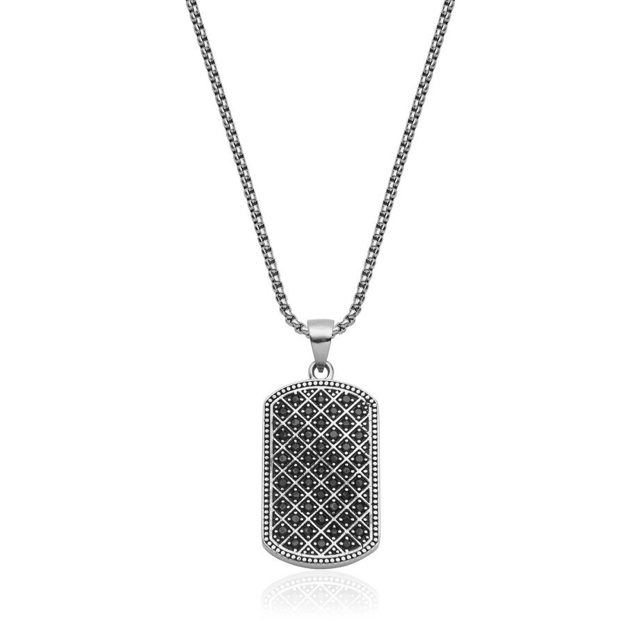 Silver dog tag necklace with a textured pattern.