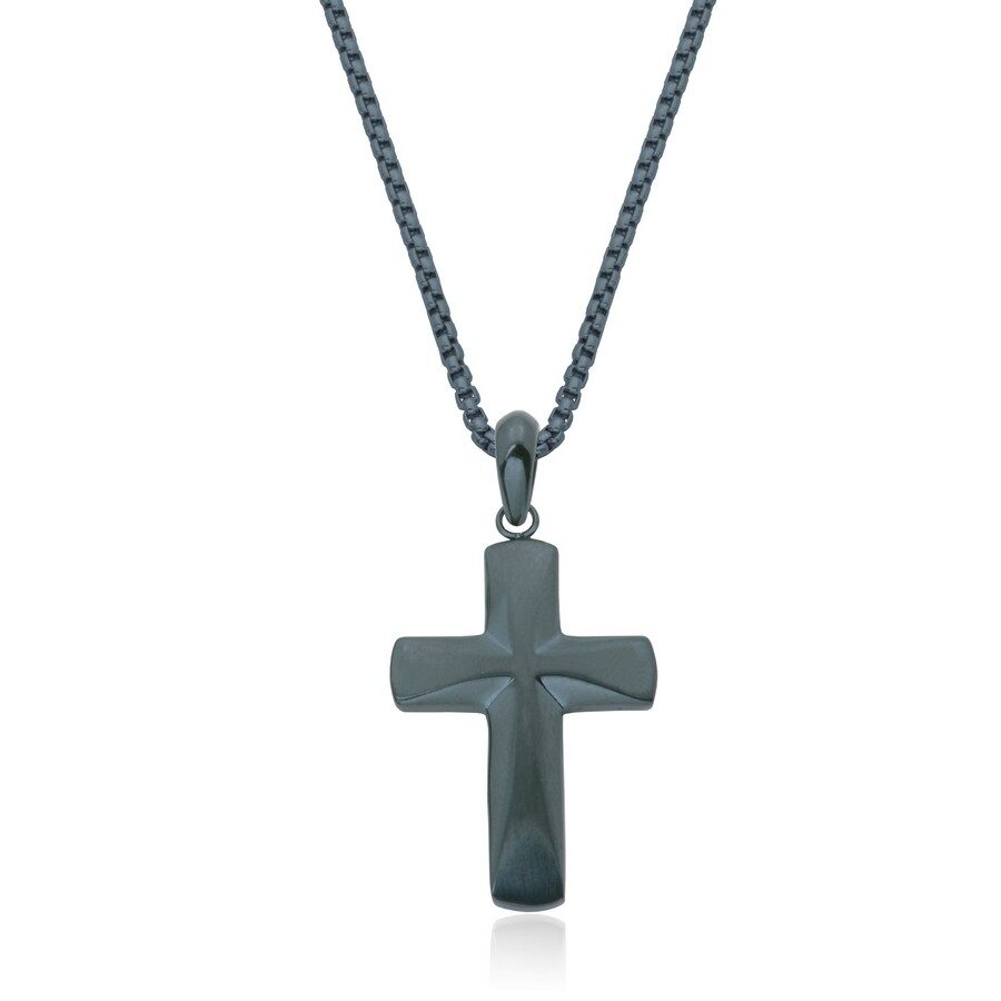 Black cross pendant on a chain necklace.
