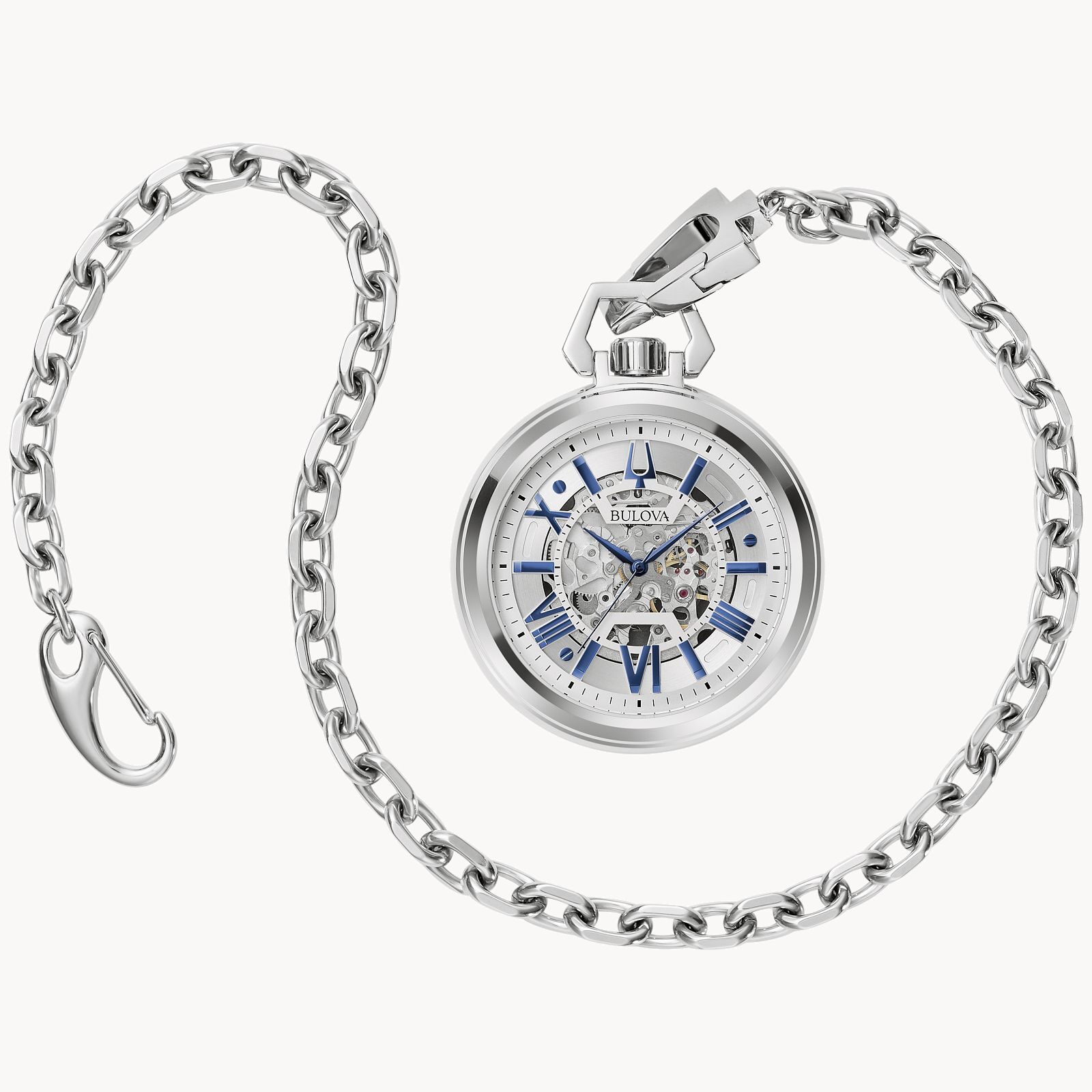 Classic silver pocket watch with a chain and Roman numerals.