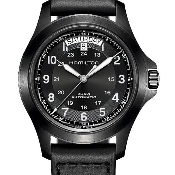 Black Hamilton wristwatch with day and date display.