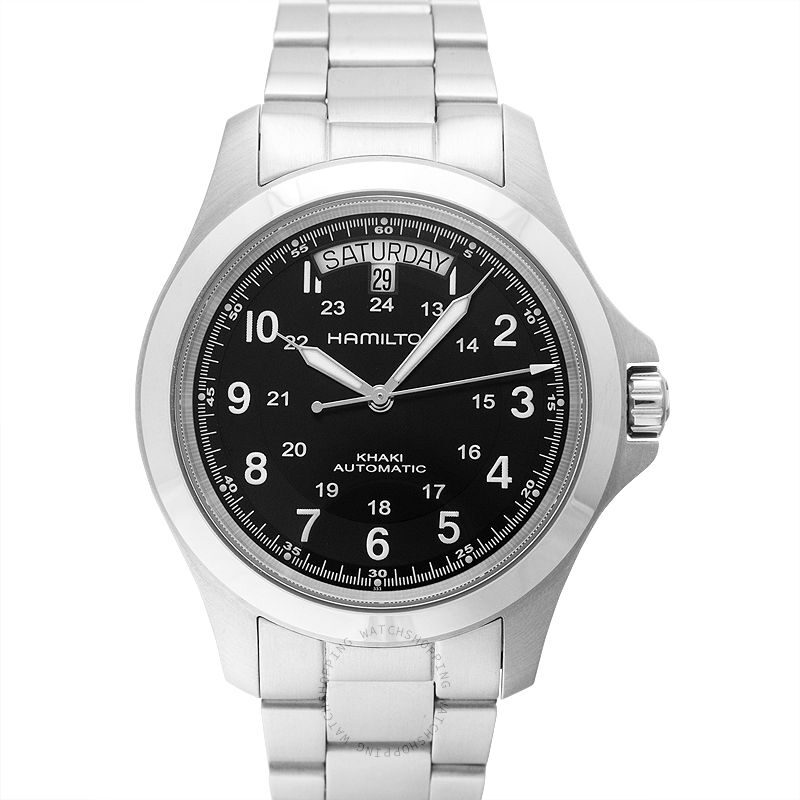 Silver wristwatch with black dial and white numerals.