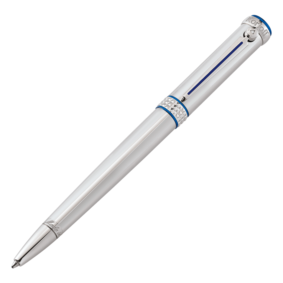 A sleek silver pen with blue accents.