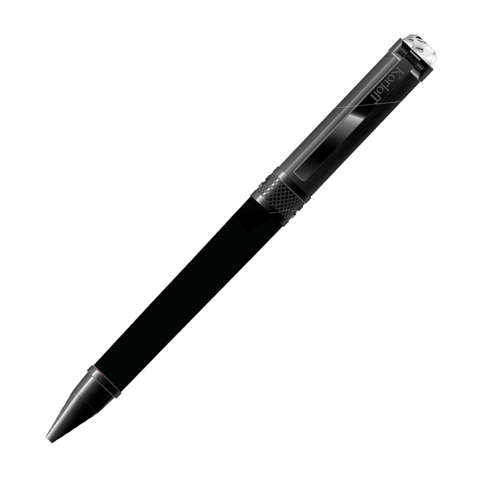 A sleek black pen with a transparent clip and silver accents.