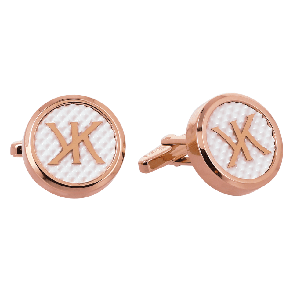 Round cufflinks with a white center and a wooden border, featuring an embossed monogram design.