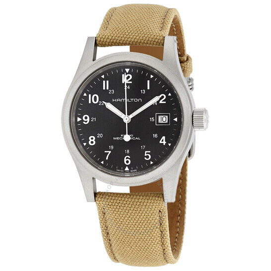Classic watch with black dial and tan fabric strap.