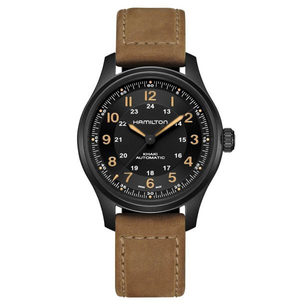 Black dial wristwatch with brown leather strap and numeric markers.