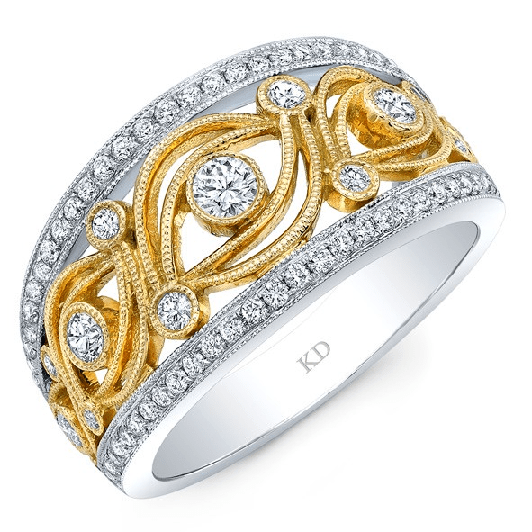 Elegant gold and diamond ring with intricate floral design.